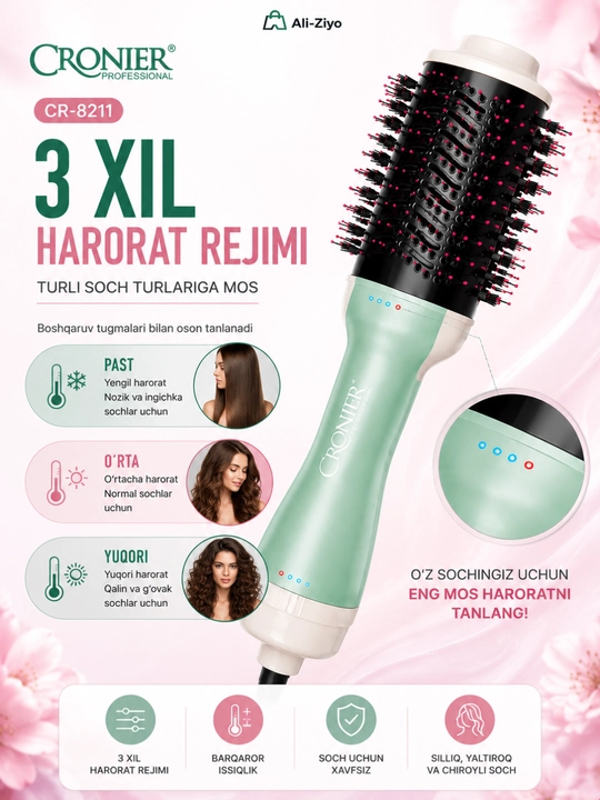 CRONIER CR-8211 Fen-taroq 2500W, Soch Quritgich va Turmaklagich, Ion Texnologiyasi