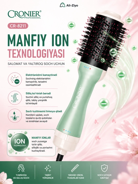 CRONIER CR-8211 Fen-taroq 2500W, Soch Quritgich va Turmaklagich, Ion Texnologiyasi - 