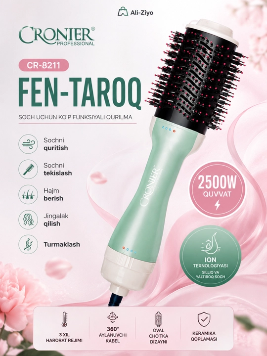 CRONIER CR-8211 Fen-taroq 2500W, Soch Quritgich va Turmaklagich, Ion Texnologiyasi