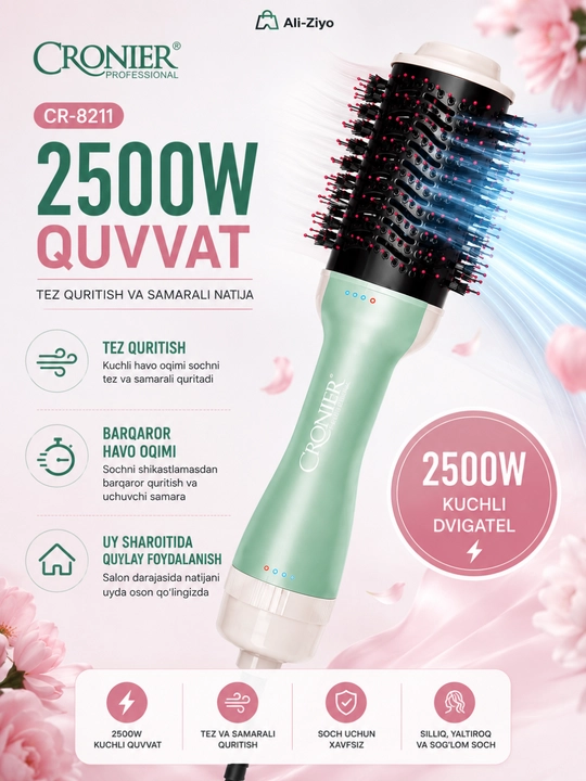 CRONIER CR-8211 Fen-taroq 2500W, Soch Quritgich va Turmaklagich, Ion Texnologiyasi