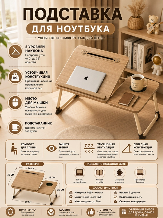 Складной столик-подставка для ноутбука — комфортная работа и отдых в любом месте - 
