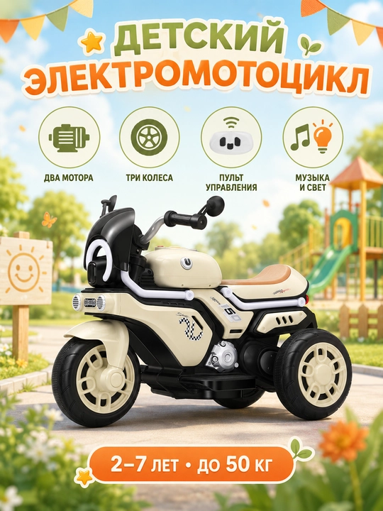 Детский электромотоцикл, 3 колеса, пульт, Bluetooth, музыка и свет, до 50 кг