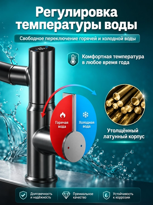 Harorat displeyi va 360° burilishga ega aqlli rakovina aralashtirgichi