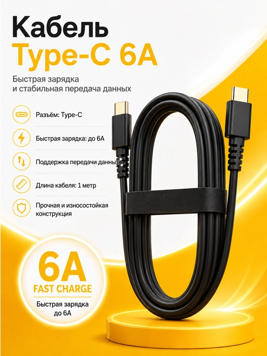 Кабель Type-C 6A Fast Charge, 1 м, для зарядки и передачи данных - 