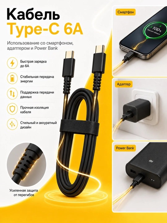 Кабель Type-C 6A Fast Charge, 1 м, для зарядки и передачи данных