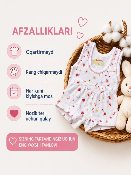 Mayka va trusik komplekti qiz bolalar uchun, 100% paxta, bolalar ichki kiyimi, 2–5 yosh