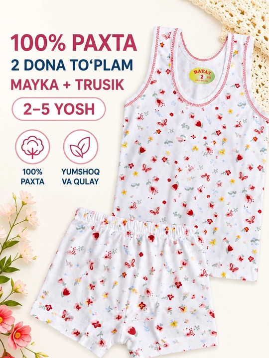 Mayka va trusik komplekti qiz bolalar uchun, 100% paxta, bolalar ichki kiyimi, 2–5 yosh