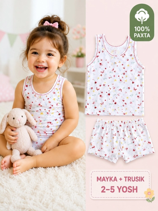 Mayka va trusik komplekti qiz bolalar uchun, 100% paxta, bolalar ichki kiyimi, 2–5 yosh - 