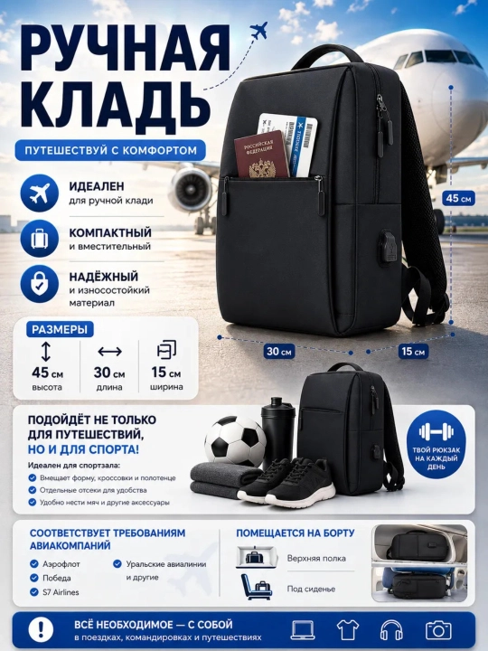 Рюкзак школьный, для ноутбука, с ортопедической спинкой, городской, с USB, портфель