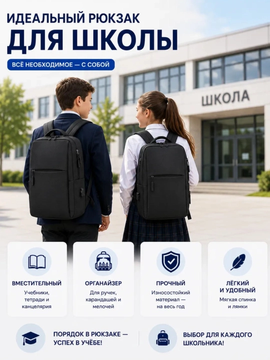 Рюкзак школьный, для ноутбука, с ортопедической спинкой, городской, с USB, портфель