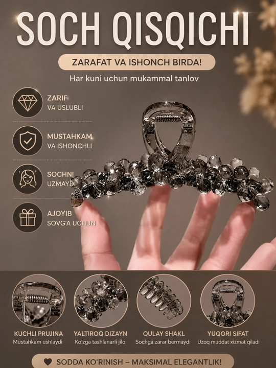 Ayollar va qizlar uchun soch qisqich, soch uchun zajim. Katta krabigi-zakolka - 