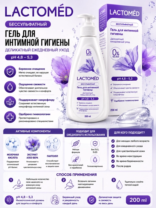 LACTOMED Intim Gigiyena Geli (Sulfatsiz), pH 4.8–5.3, 200 ml - 