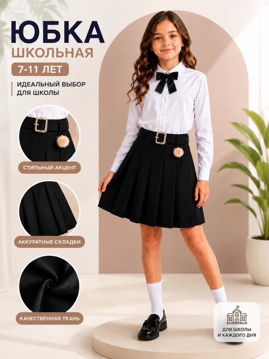 Школьная юбка для девочки классическая школьная форма с ремнем 7-11 лет - 