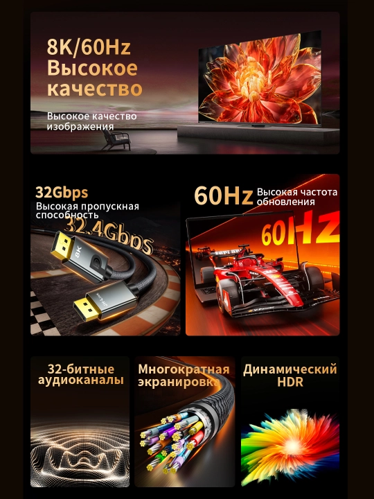 DP-DP 8K kabeli, alyuminiy qotishma korpus, paxta ipidan qilingan oʻrama