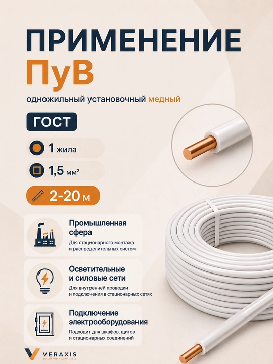 PUV montaj simi 1x1,5 mm² o‘lchamdagi bir simli mis, 2-20 metr - 