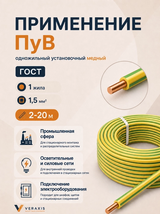 Провод ПУВ 1х1,5 мм² медный одножильный монтажный, 2-20 метров