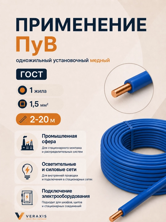 Провод ПУВ 1х1,5 мм² медный одножильный монтажный, 2-20 метров