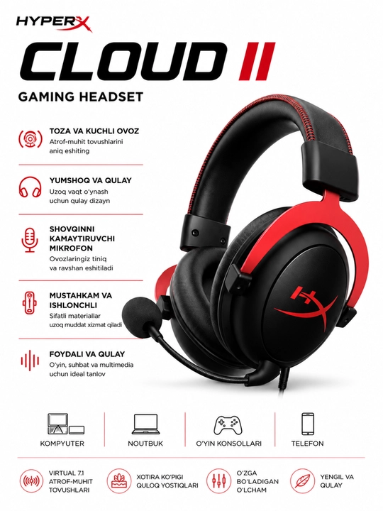 HyperX Cloud II simli gaming quloqchin, mikrofonli, 53 mm drayver, 3.5 mm AUX, USB
