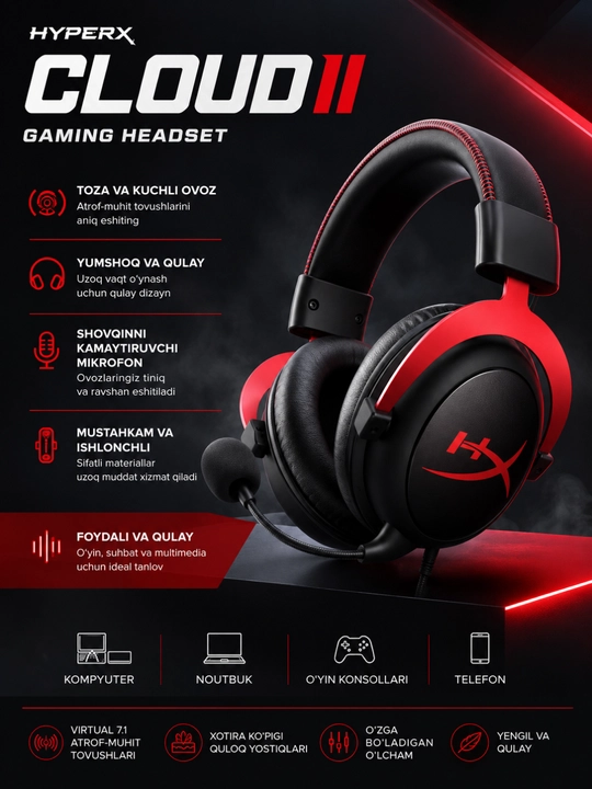 HyperX Cloud II simli gaming quloqchin, mikrofonli, 53 mm drayver, 3.5 mm AUX, USB - 
