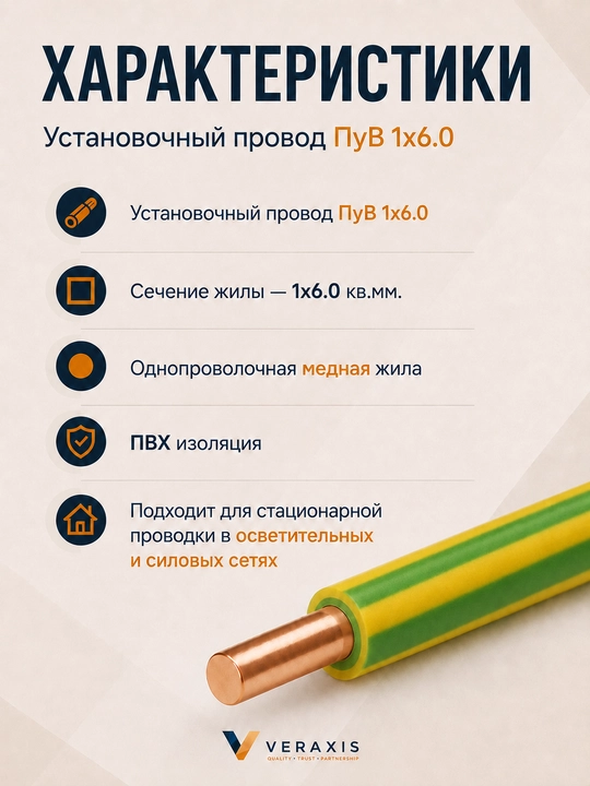 Провод ПУВ 1х6,0 мм² медный одножильный монтажный, 2-20 метров