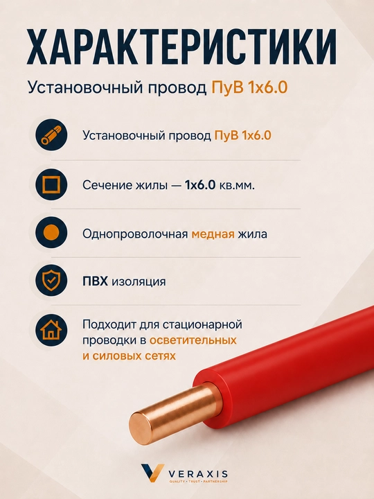 Провод ПУВ 1х6,0 мм² медный одножильный монтажный, 2-20 метров