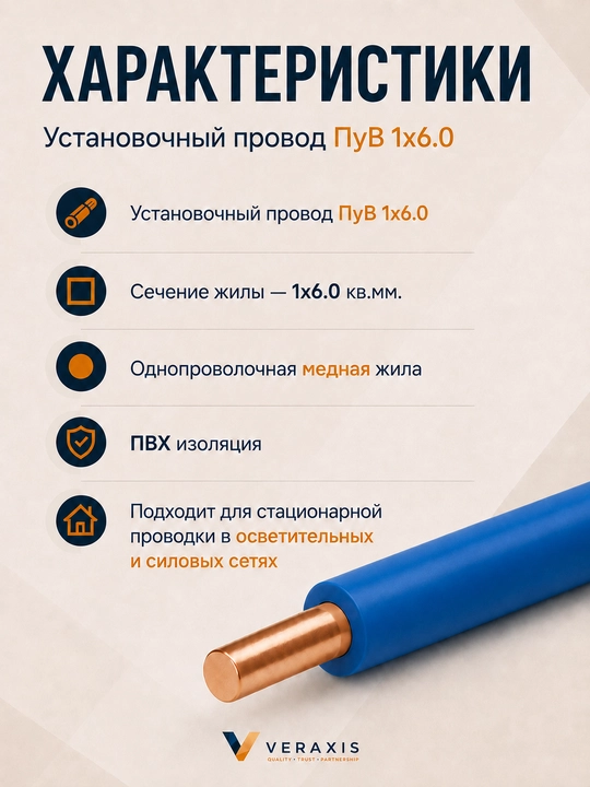 Провод ПУВ 1х6,0 мм² медный одножильный монтажный, 2-20 метров