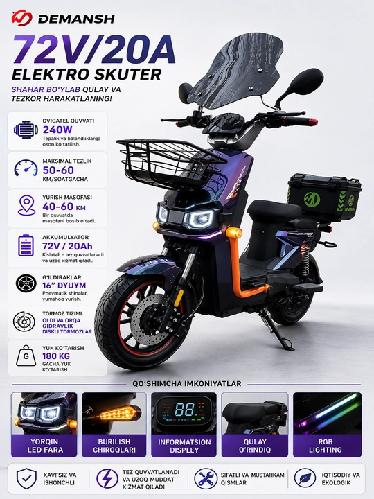 Elektroskuter DEMANSH 72V,20A akkumulyator - 