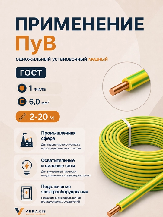 Провод ПУВ 1х6,0 мм² медный одножильный монтажный, 2-20 метров