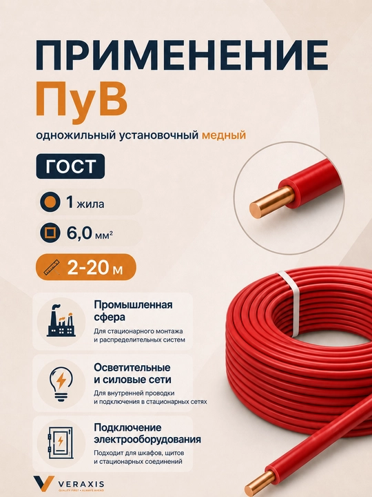 Провод ПУВ 1х6,0 мм² медный одножильный монтажный, 2-20 метров