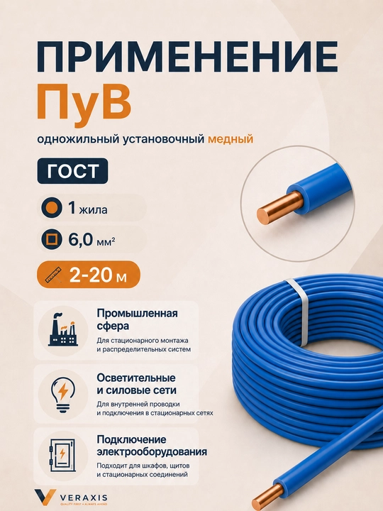 Провод ПУВ 1х6,0 мм² медный одножильный монтажный, 2-20 метров