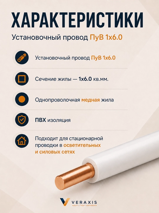 Провод ПУВ 1х6,0 мм² медный одножильный монтажный, 2-20 метров