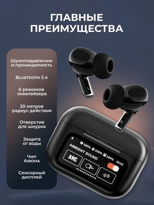 Смарт Bluetooth наушники с экраном, сенсорное управление, уведомления, 22+ функции