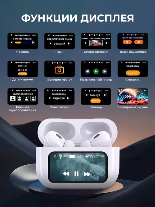 Смарт Bluetooth наушники с экраном, сенсорное управление, уведомления, 22+ функции