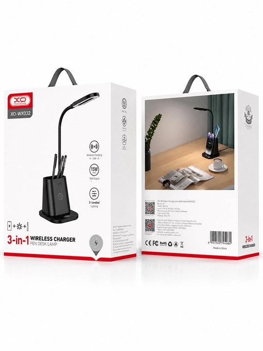 XO WX032 3 ta 1 da 25W simsiz zaryadlash qurilmasi, LED stol chirog‘i va ruchka qutisi