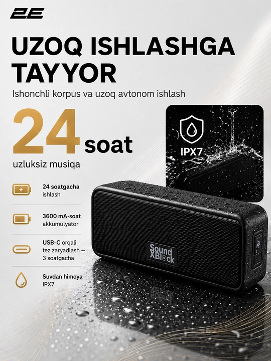 Portativ dinamik 2E SoundXBlock TWS, MP3, Wireless, Waterproof, 2E-BSSXBW