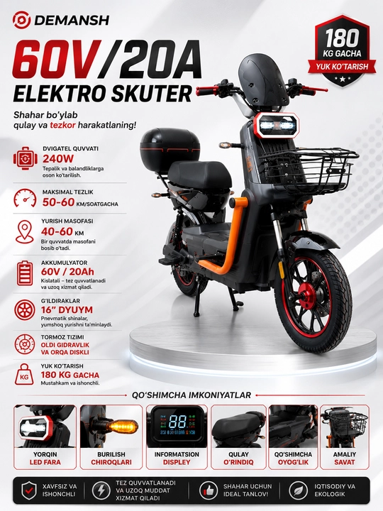Elektroskuter DEMANSH 60V/20A akkumulyator - 