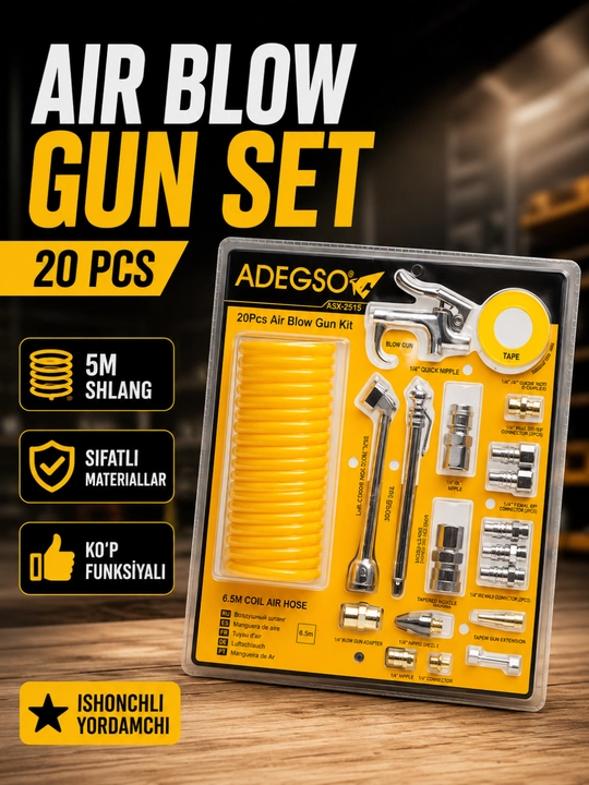 ADEGSO пневматический набор 20 предметов — Air Blow Gun Kit, сопла и шланг для компрессора - 
