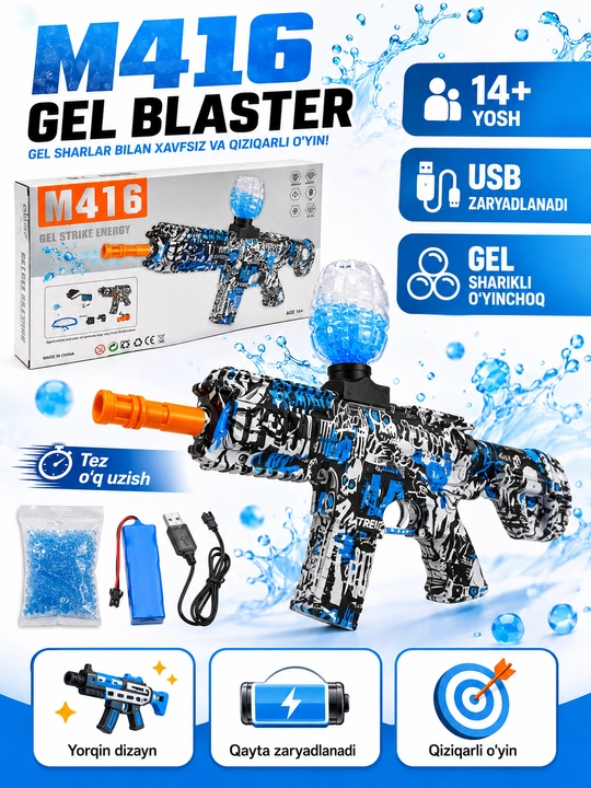 M416 o‘yinchoq gel blaster, USB quvvatlash, 14+ va 2 ta rang - 
