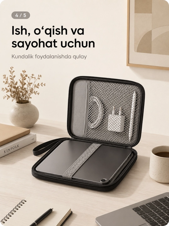 Planshet va aksessuarlar uchun himoya sumkasi, molniyali qattiq chexol-organayzer 10 dyum