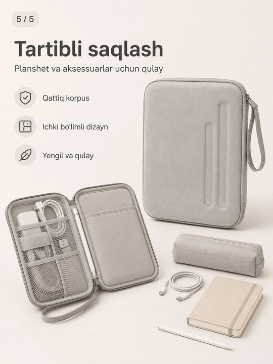 Planshet va aksessuarlar uchun himoya sumkasi, molniyali qattiq chexol-organayzer 10 dyum