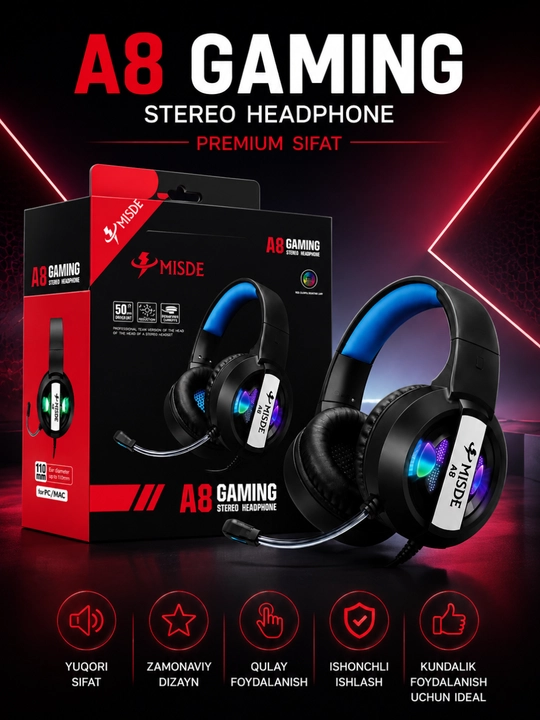 A8 Gaming Стерео игровые наушники с микрофоном RGB LED для ПК, ноутбука и телефона - 