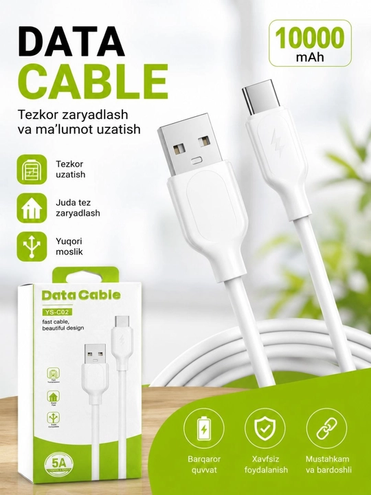 USB Type-C kabel, 5A zaryadlash kabeli, Type-C data kabel, tez zaryadlash kabel - 