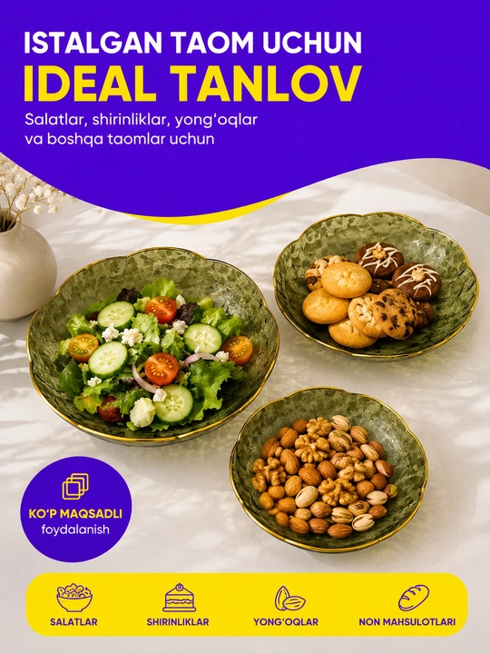 3 dona servirovka uchun tarelka, mevalar, shirinliklar, salat uchun Bogema plastikdan,lagan