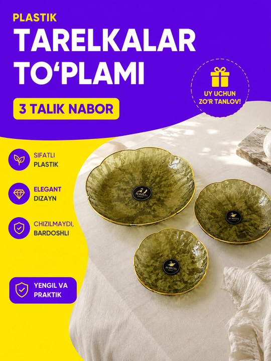 3 dona servirovka uchun tarelka, mevalar, shirinliklar, salat uchun Bogema plastikdan,lagan - 