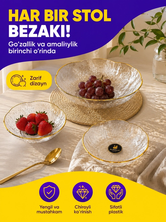 3 dona servirovka uchun tarelka, mevalar, shirinliklar, salat uchun Bogema plastikdan,lagan
