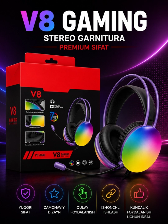 V8 Gaming Стерео игровые наушники с микрофоном RGB LED для ПК, ноутбука и телефона - 