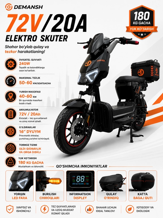 Elektroskuter DEMANSH 72V/20A akkumulyator - 