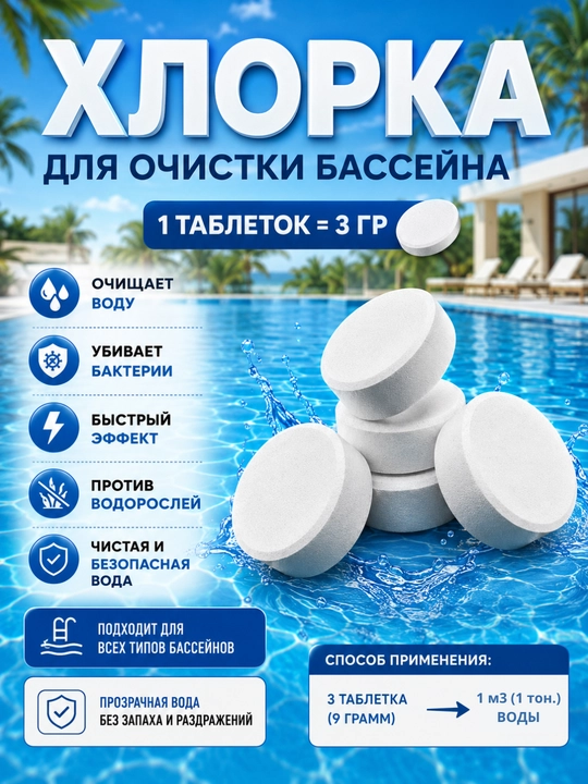 Средства для очистки воды в бассейне, таблетки для дезинфекции, хлор для бассейнов, 3 гр - 