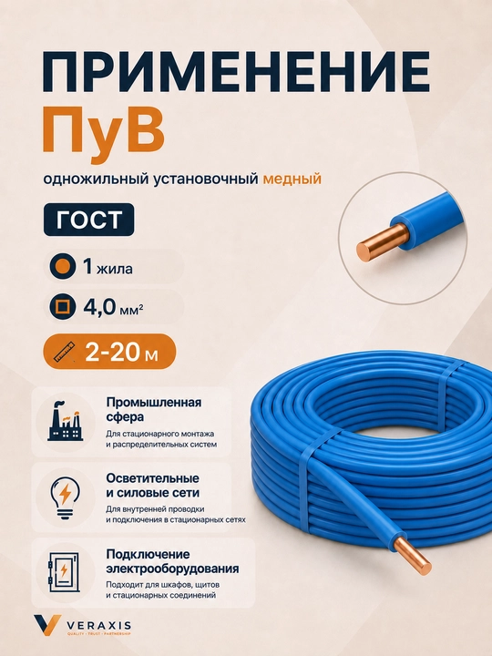 Провод ПУВ 1х4,0 мм² медный одножильный монтажный, 2-20 метров