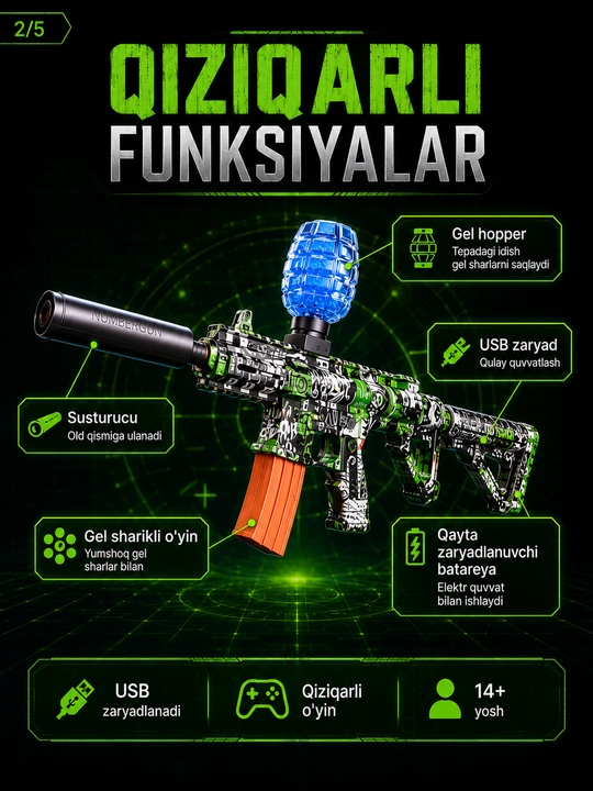 Игрушечный гелевый бластер M416, USB-зарядка, 14+, 2 дизайна